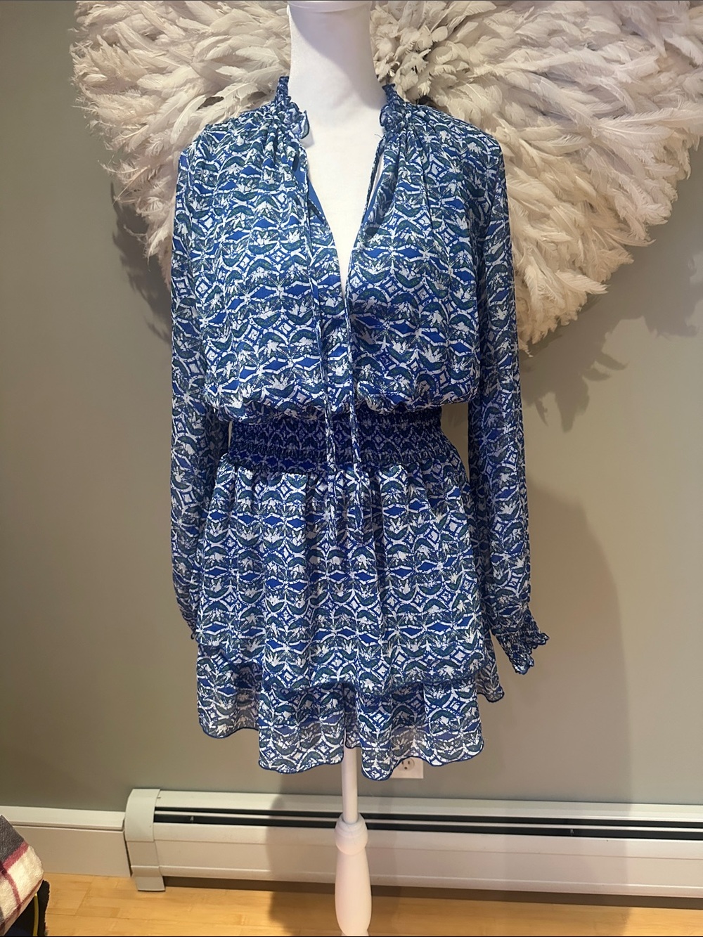 Zara Blue Printed Long-Sleeve Smocked-Waist Mini Dress